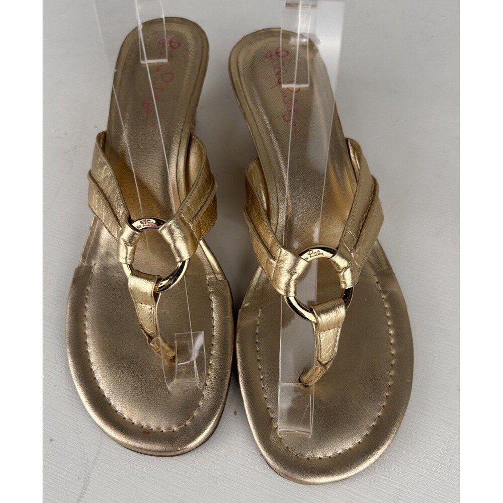 LILLY PULITZER WOMEN'S MCKIM GOLD LEATHER Woven Wedge Thong Slide Sandal 7.5 - Picture 2 of 9